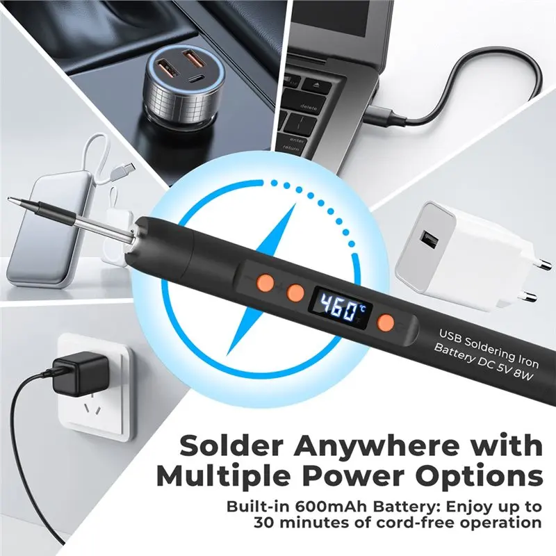 A84E-Cordless Soldering Iron Kit, USB Charging LCD Temp Adjust 260-450℃, With Tips, Fast Charge Auto Sleep