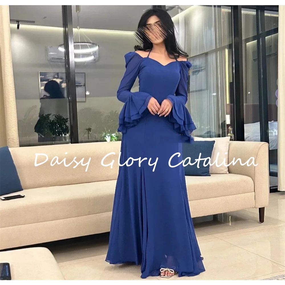 

Blue Chiffon Party Dress Custom Made Evening Dress Simple Halter Ankle Length Off Shoulder Party Spaghetti Straps Saudi Arabia