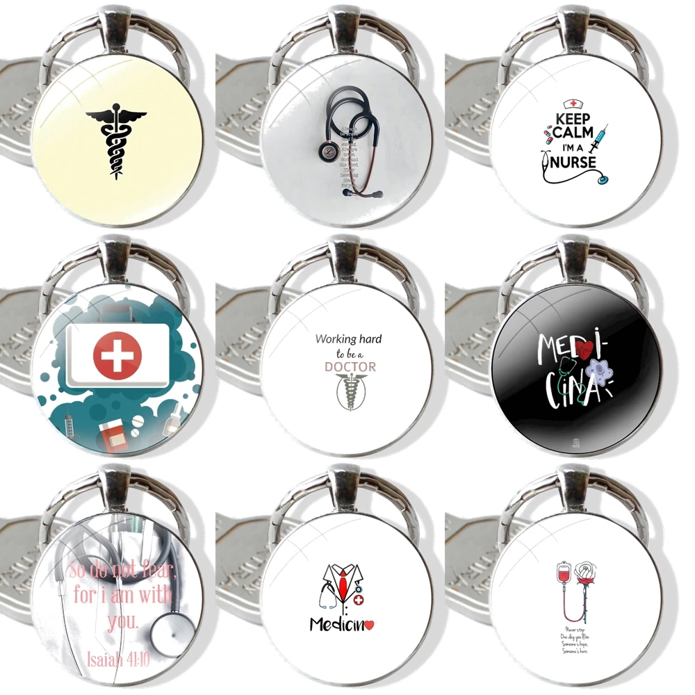 25mm Glass Cabohcon Keychain Key Rings for Women Men Jewelry Gift Medical Doctor Nurse Medicine