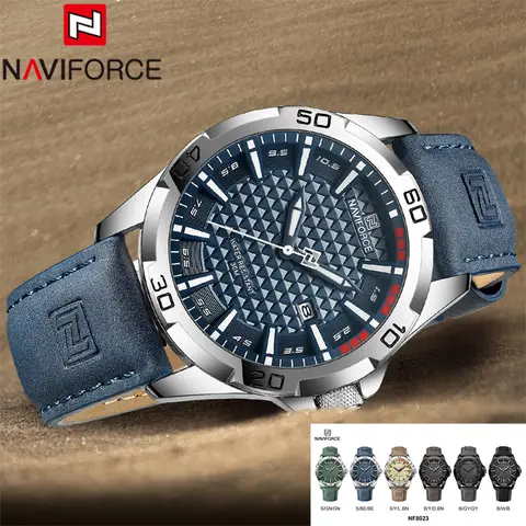 NAVIFORCE Men Wristwatch Top Brand Luxury Waterproof Watch Blue Genuine Leather Sport Military Quartz Original Male Clock 8023