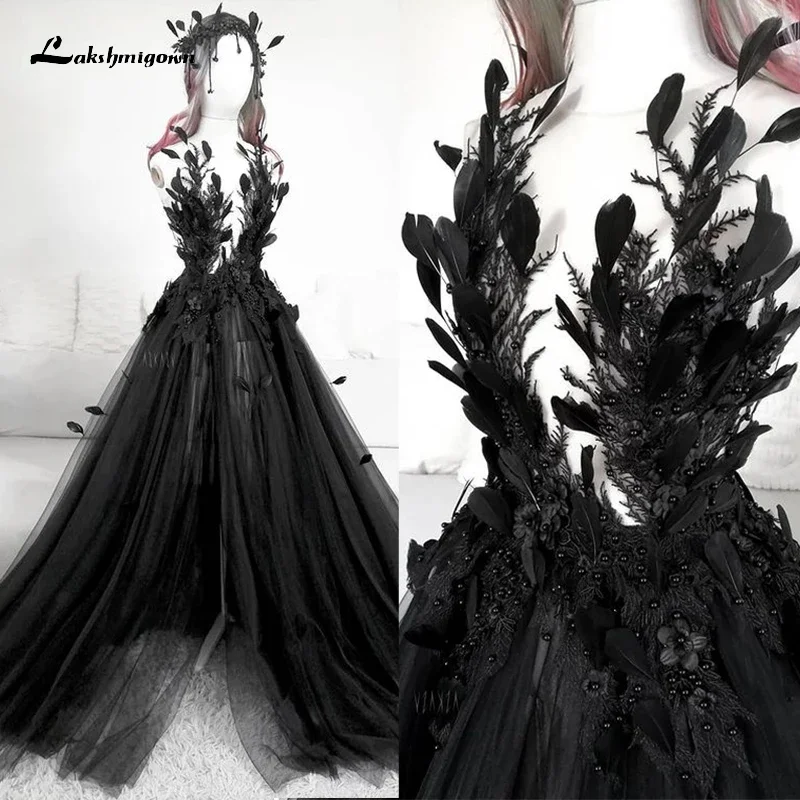 Gothic Black A-Lineชุดแต่งงาน2025ด้านข้างแยกFeather Vintage Backlessชุดเจ้าสาวTulle Vestidos De Novia Robe