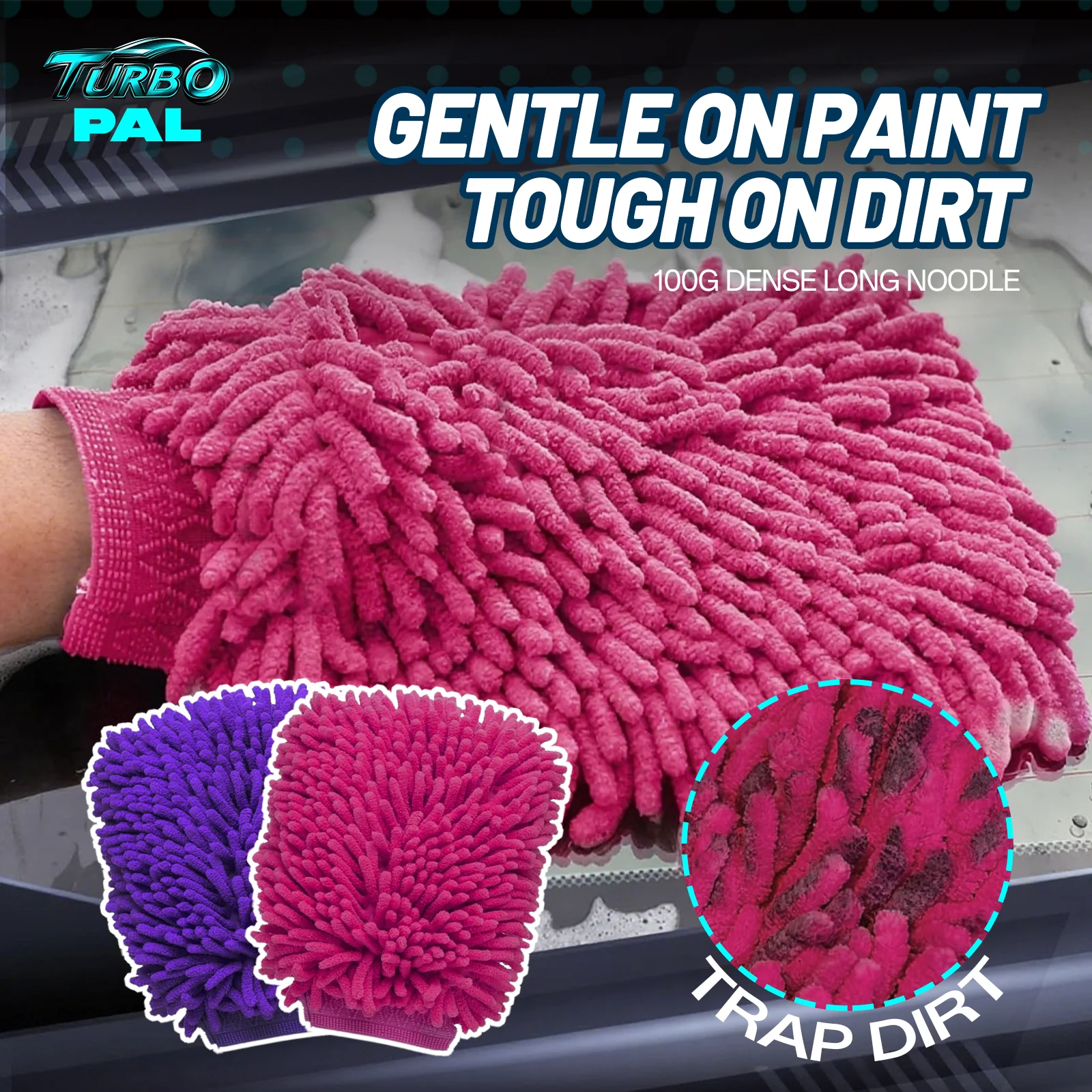 TURBOPAL Ultra-Dense Microfiber Wash Mitt, 100g Heavyweight Chenille Noodle Glove, Scratch-Free Car Detailing Mitt for Car Wash