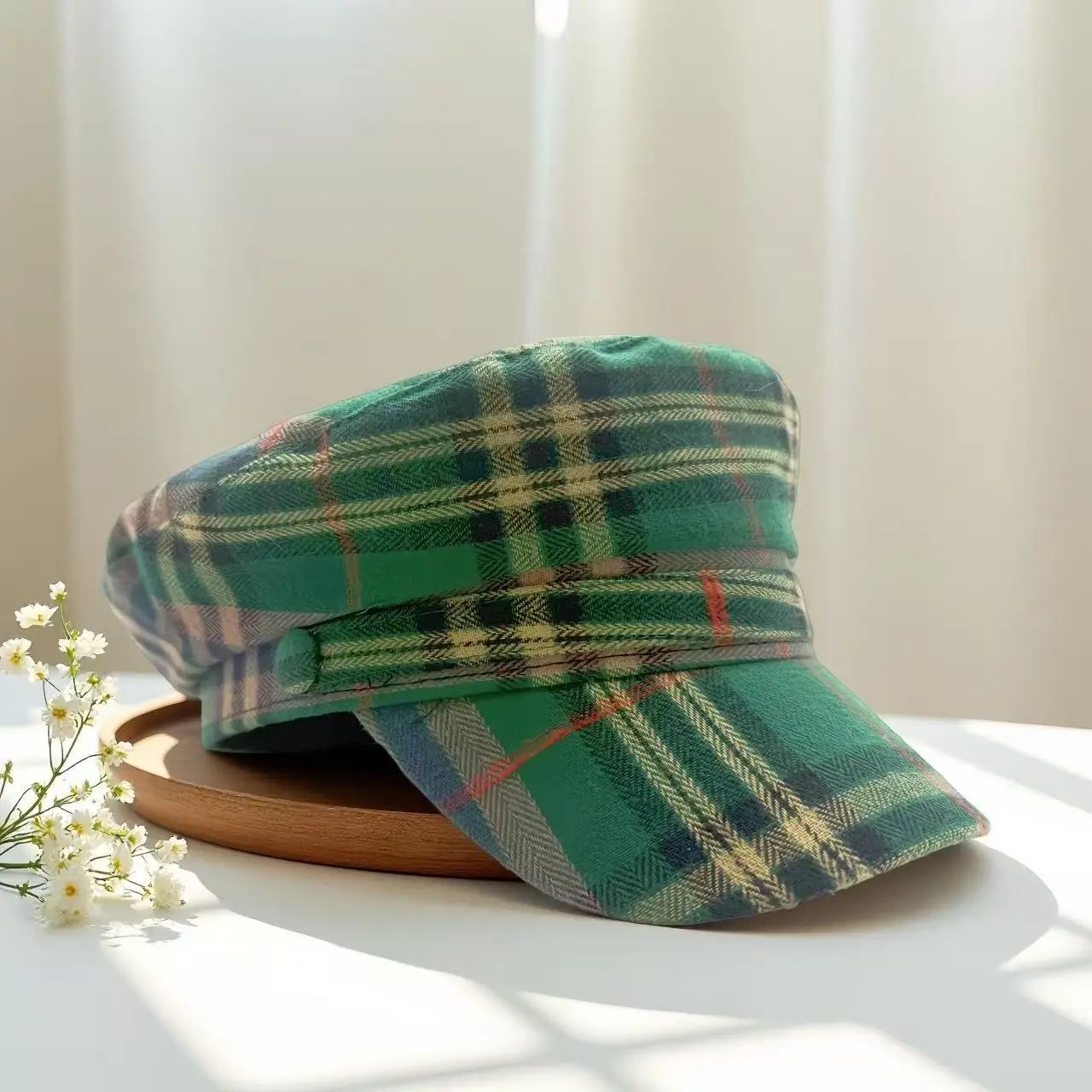 Boina com padrão xadrez doce HongLuan e boné jornaleiro feminino, acessórios femininos cosplay
