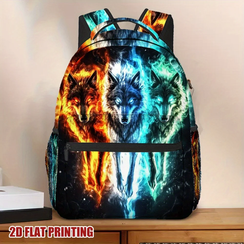 1pc Elemental Wolves Backpack Vibrant Wolf Print Lightweight Functional Design Perfect for Students and Young Professionals