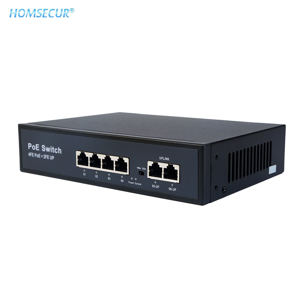 

HOMSECUR 6 Ports 100Mbps PoE Switch With 4 Ports PoE+(Plus) 802.3af/at 30W 2 Uplink Ethernet