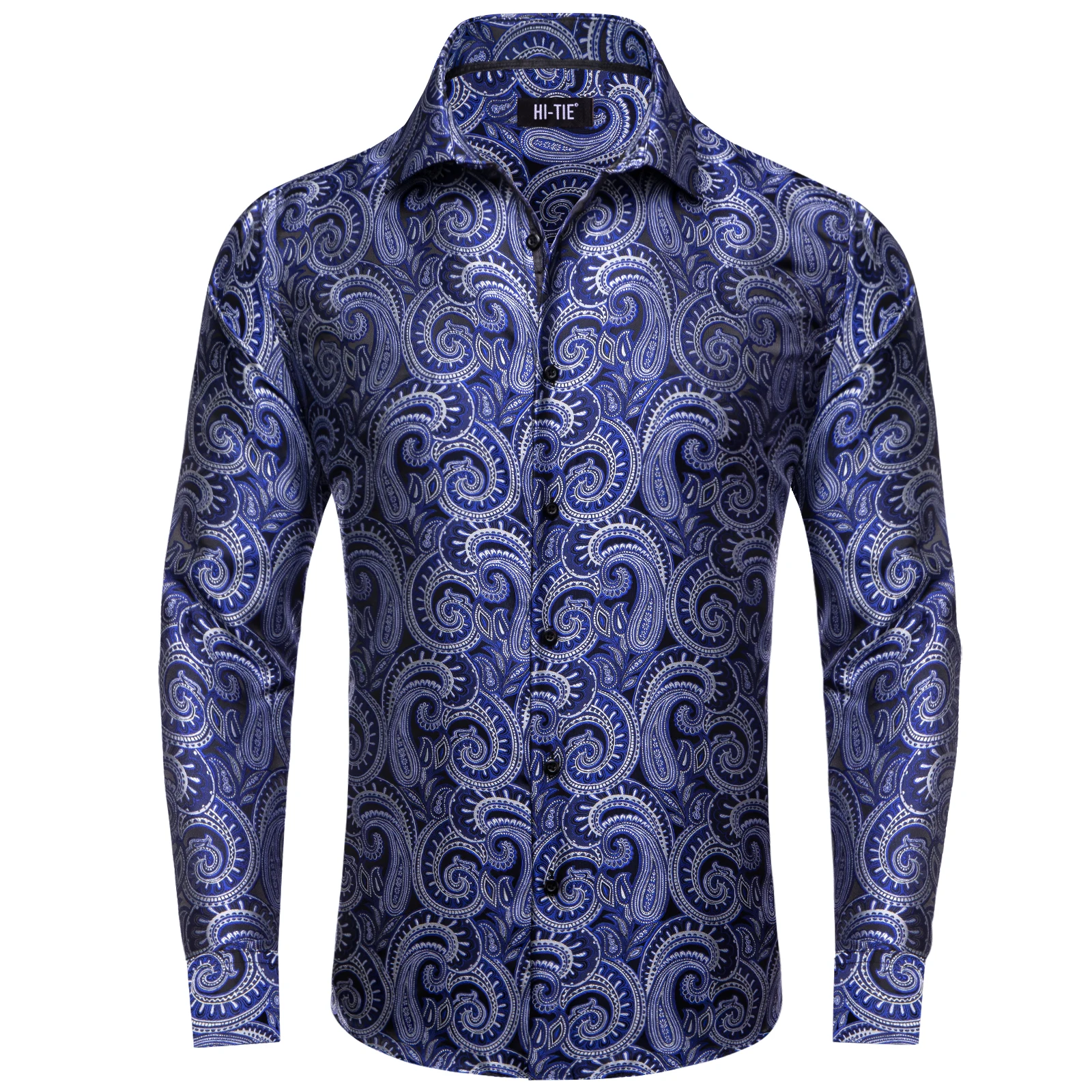 Hi-Tie Paisley Jacquard Golden Blue Mens Shirts Long Sleeve Dress Shirt Blouse for Male Wedding Gift Party High Quality