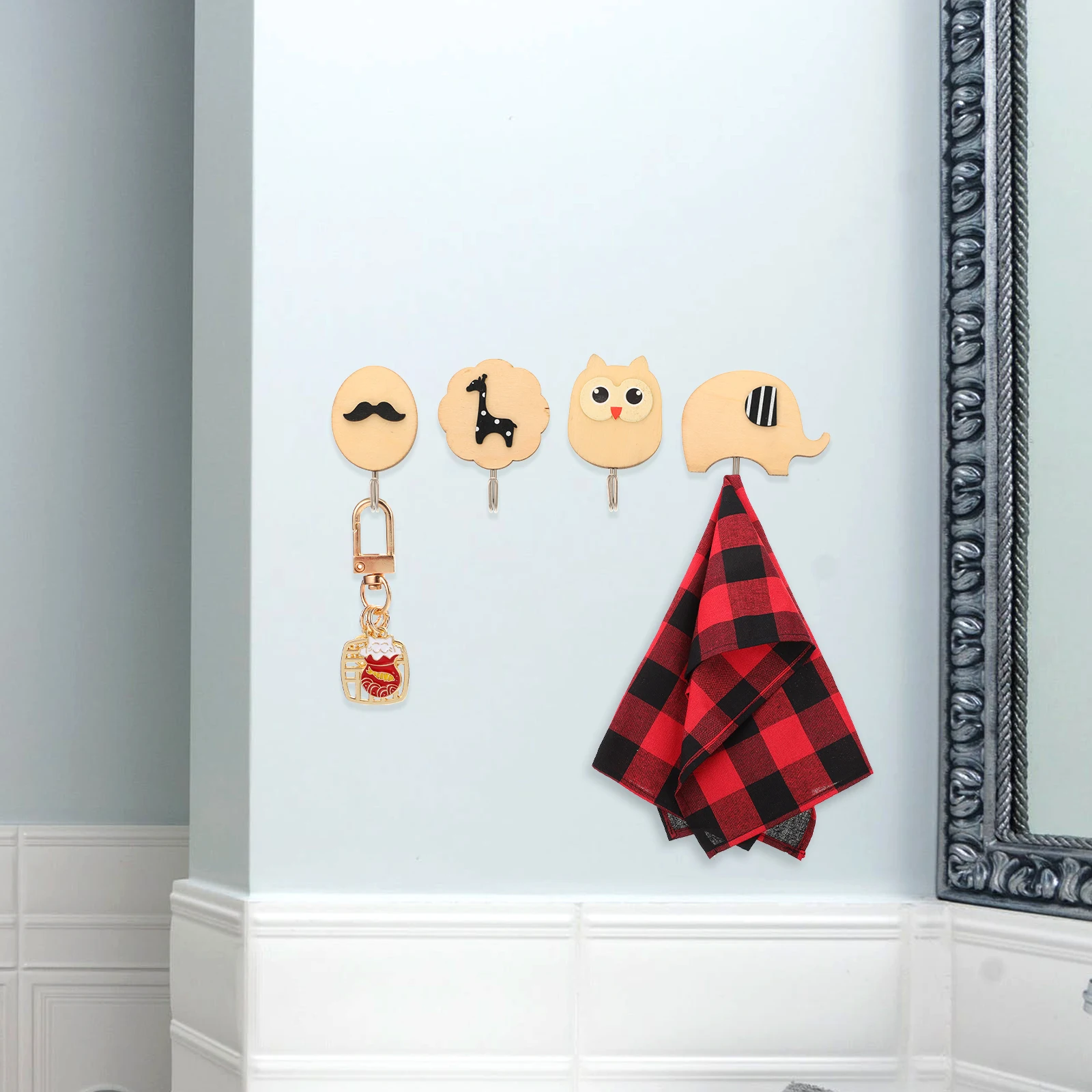 

4Pcs Adhesive Wall Hooks Cartoon Design Multi-Use Wood Hooks for Kitchen Bathroom Towel Coat Hat Hanging Key Storage
