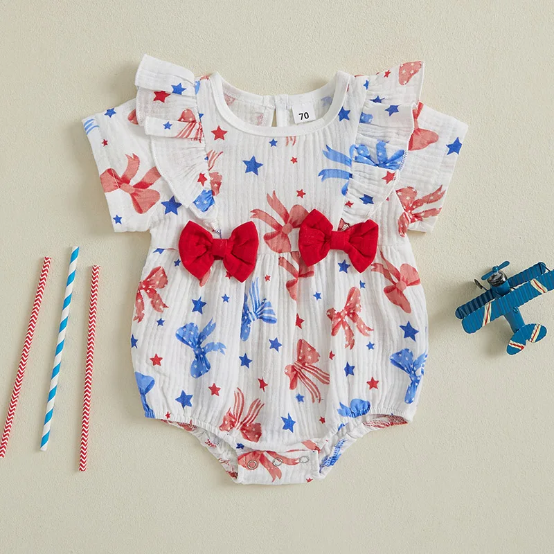 Baby Girls Rompers Dress Independence Day Clothes Star/Bow/Ice Cream/Flag Print Short Sleeve Summer Bodysuits Jumpsuits