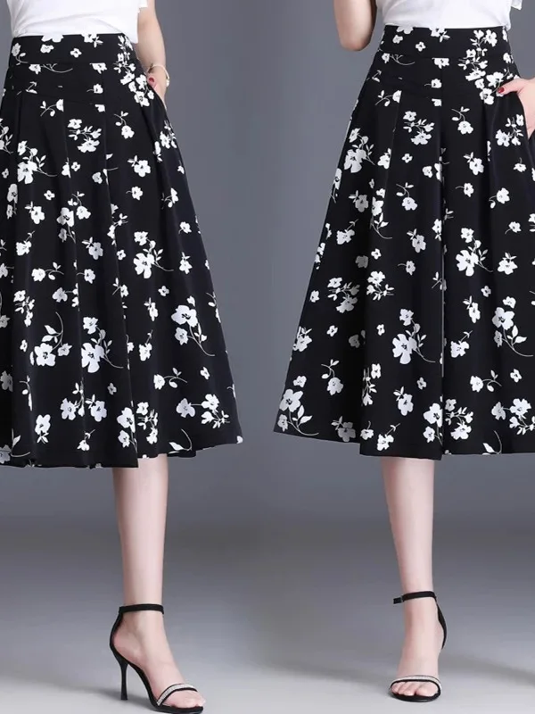 Zomer Dunne Ijs Zijde Casual Wijde Pijpen Broek Dames Nieuwe Losse Afslankende Bloemenprint Zeven Voeten Rok Hoge Taille Midi Rok