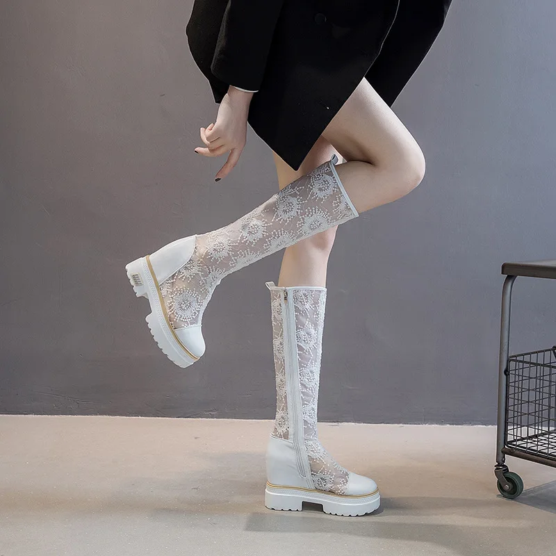 White Embroidered Mesh Boots for Spring/summer 2026 New Increase Length Boot  Mesh Breathable and Versatile Women\'s Boots  Shoes