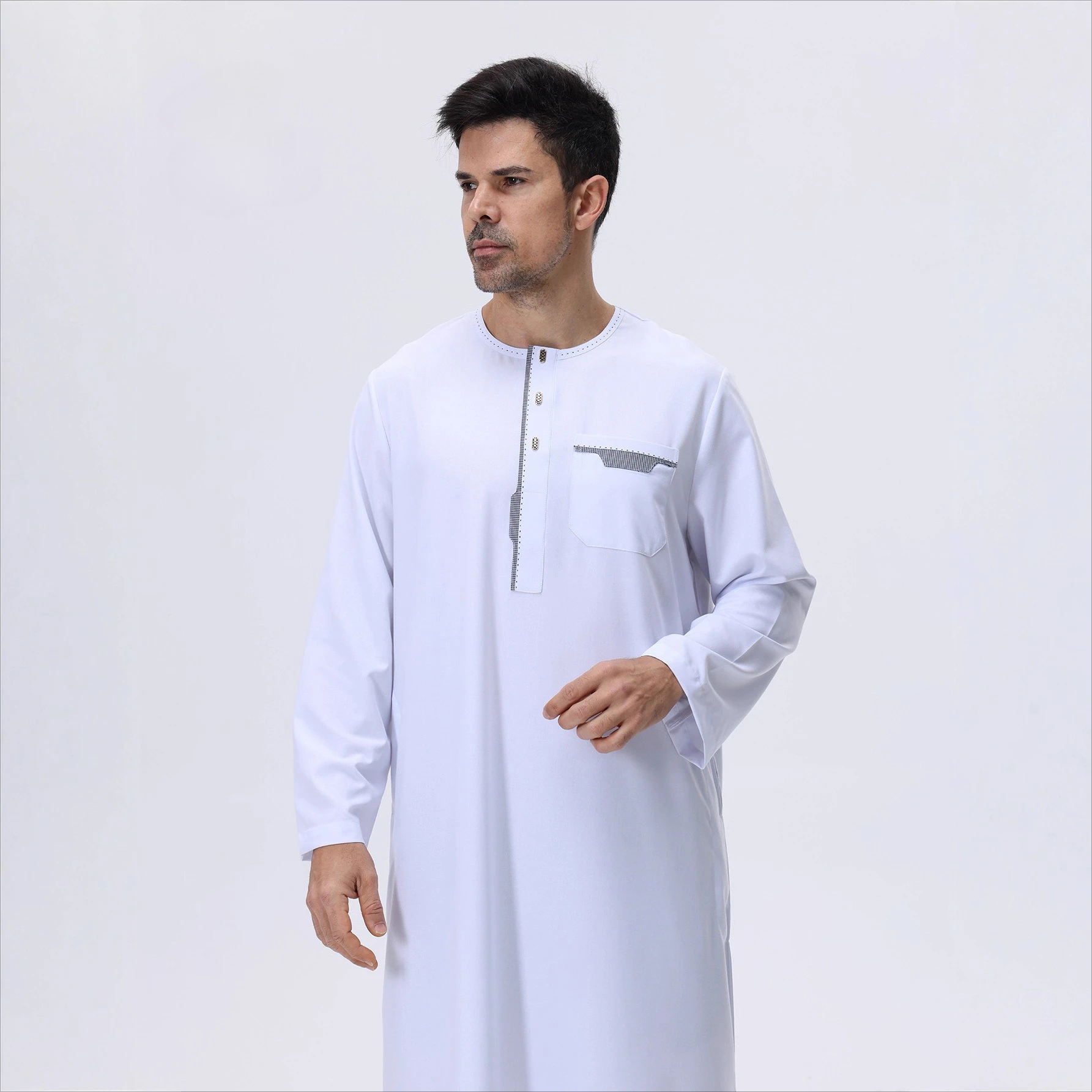 2026 New Muslim Thobe for Men Islamic Clothing Moroccan Jalabiya for Men Eid Dubai Robes White Color