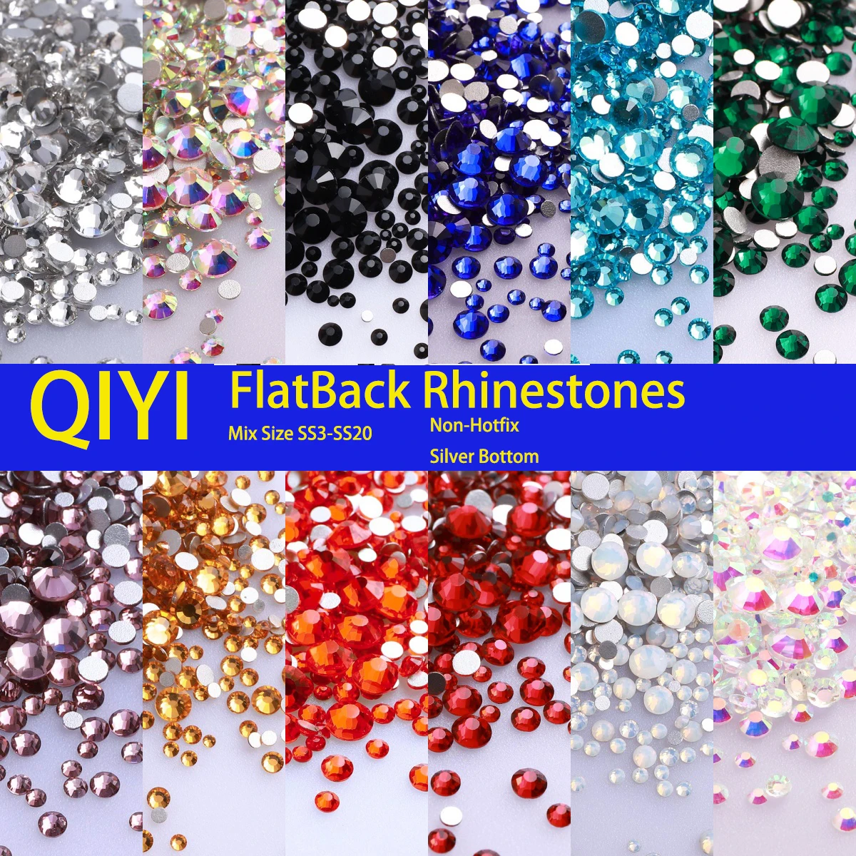 QIYI SS3-SS20 ขนาดผสมคริสตัล Non-Hotfix เงิน FlatBack Rhinestones ตกแต่ง DIY Glitter หินเล็บอุปกรณ์เสริม