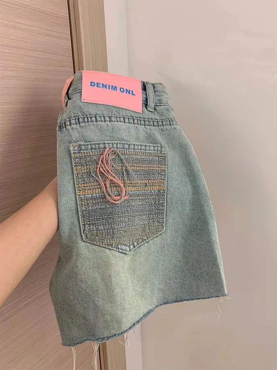 

Джинсы с высокой талией и широкими штанинами, женские летние, с эффектом потертости, свободные, стройнящие, прямого кроя, А-силуэт, джинсовые шорты