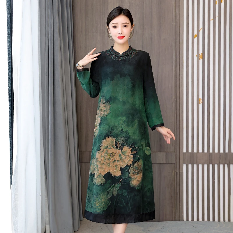 

2023 New Fashion Silk Printed Dress Women's Summer Retro Versatile Round Neck Long Sleeve Loose Fit Casual Party Vestidos