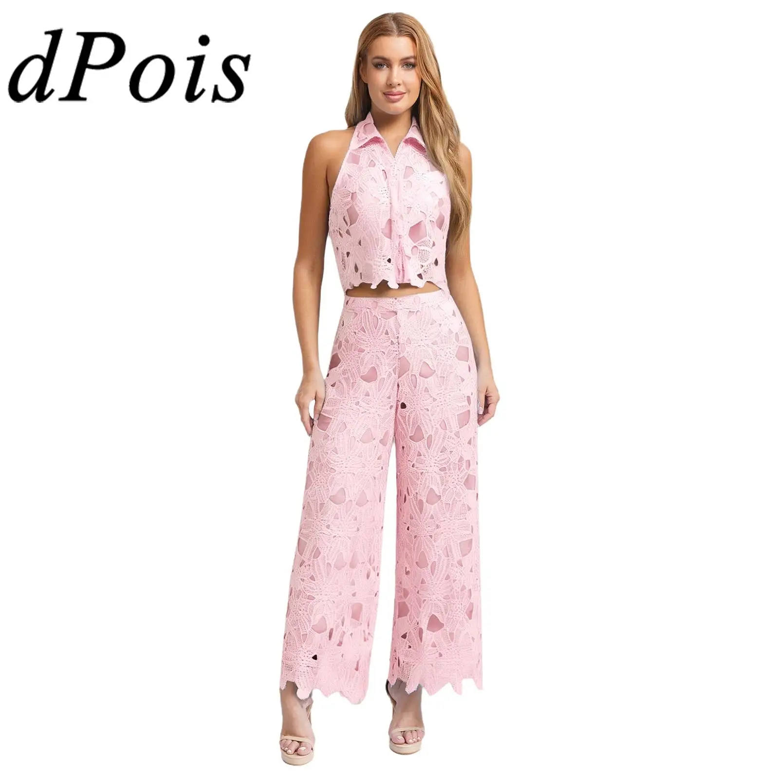 

Womens Pants Suits Guipure Lace Casual Outfits Woman Clothes Lapel Sleveless Suits 2-piece Suit Fashion Evening Party Suits