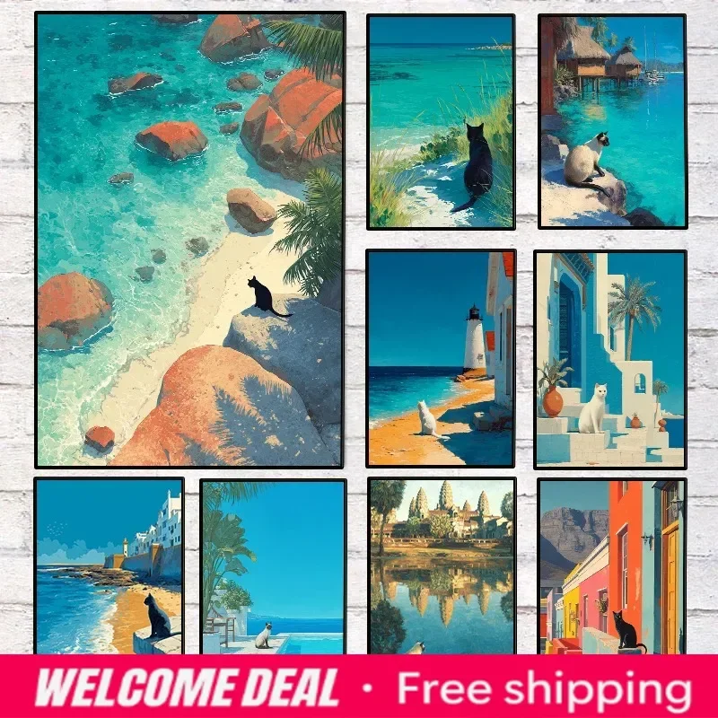 2026  Summer Travel Mediterranean Coastal Luxury Villa Poster Tropical Beach Cat Canvas Painting Wall Art for Living Room Hom