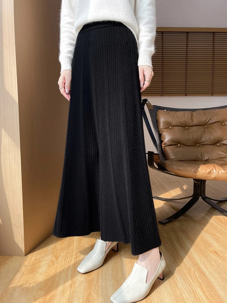 New cashmere knitted wool pleated skirt in autumn and winter without a long belly overskirt