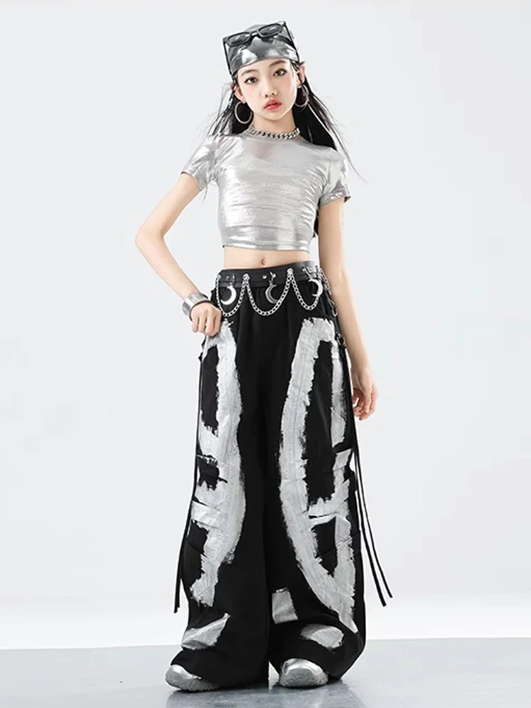 Hip Hop Mädchen Silber Kurzen Ärmeln Weste Lose Graffiti Hosen K-pop Kostüm Kind Streetwear Kinder Jazz Street Dance Kleidung set