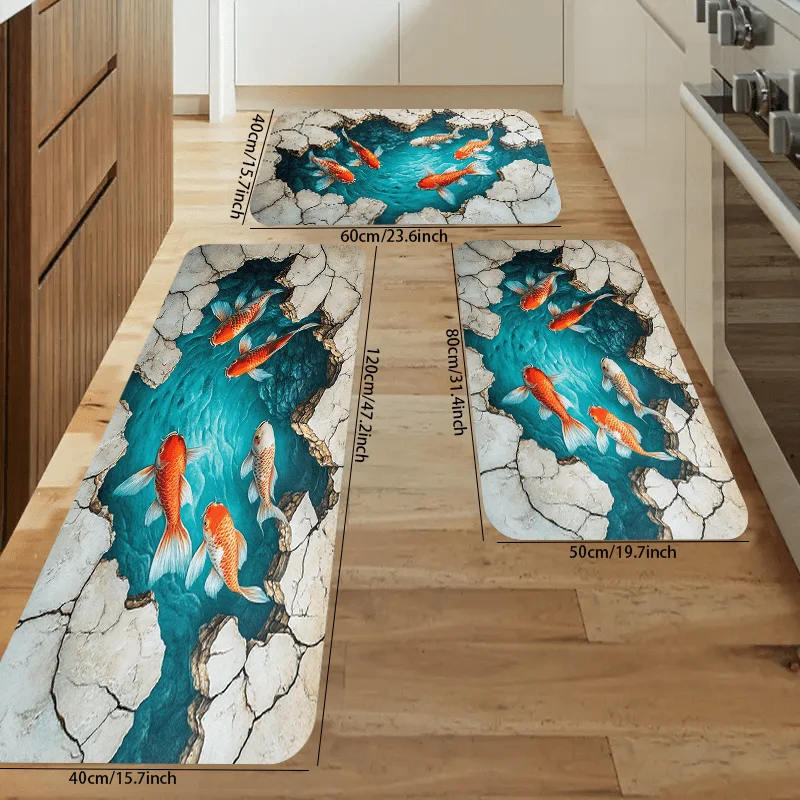 Surreal 3D Fish Area Rug – Illusionary Depth Floor Mat for Kitchen & Dining, Machine-Washable Modern Home Decor Polyester
