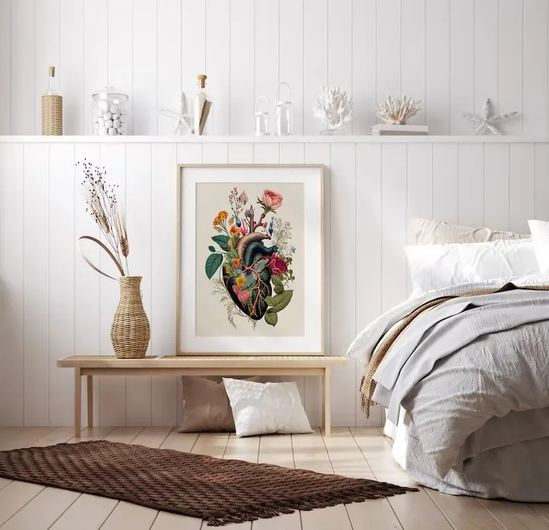 Colorful Flower Botanical Heart Poster Vintage Anatomy Human Skull Medicine Canvas Painting Wall Art Dissecting Room Home Decor