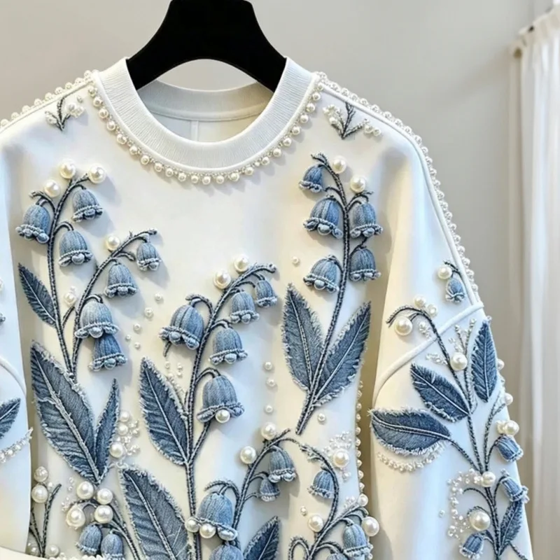 2026 New Autumn Fashion All-match Round Neck Pullover Top Beading Printed Long Sleeve Sweatshirt Vintage Casual Female Hoodie