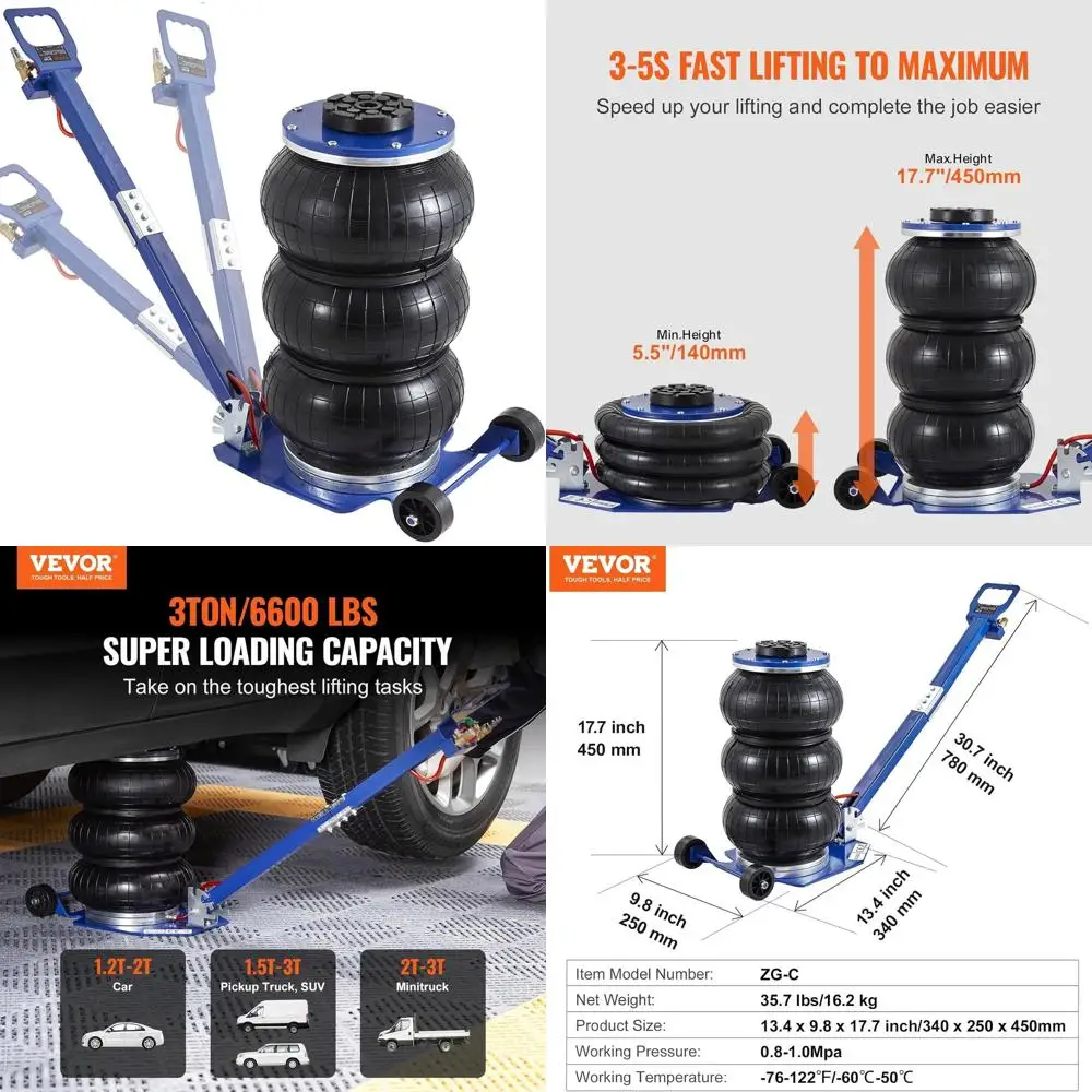 

3-тонный воздушный домкрат с тройным мешком и стальными трубками, быстрый подъемник 17,7 для автомобилей, регулируемые ручки