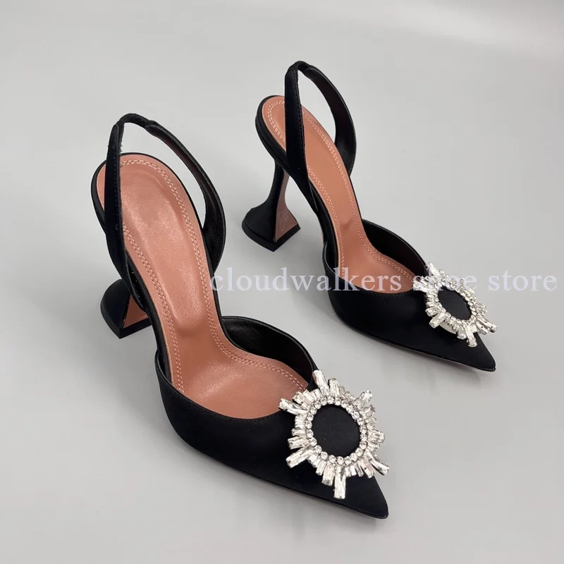 

Elegant Silk Satin Multicolor Pointed Toe Cup Heel Sandal Luxury Sunflower Diamond Buckle Decor Slingback Graduation Party Pumps