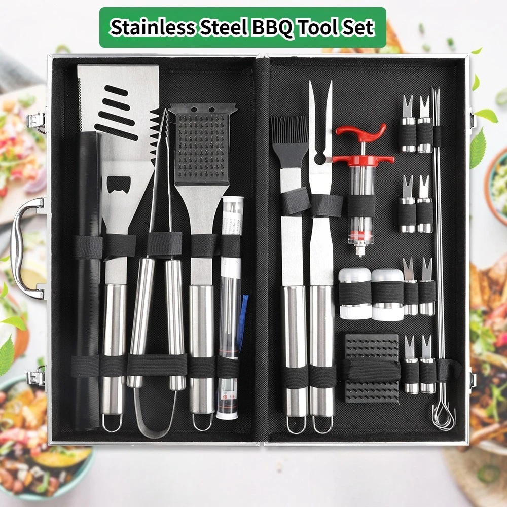 

Набор инструментов для барбекю из нержавеющей стали, алюминиевая коробка, уличная посуда для гриля, нож, вилка, лопата, зажим, аксессуары для приготовления барбекю