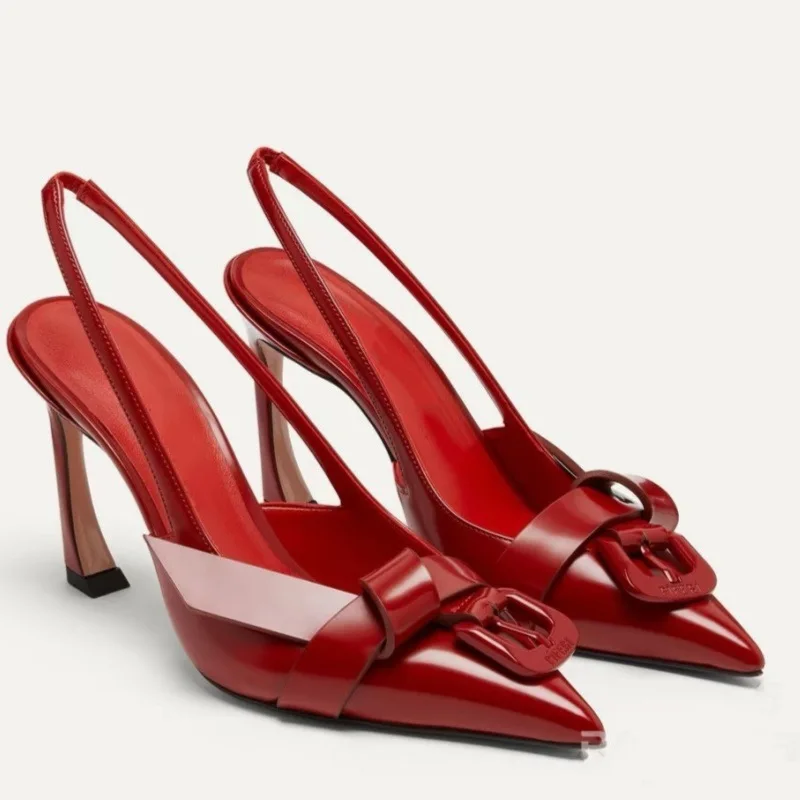 Noeuds pompes sangle droite en cuir couleur unie bout pointu étrange talon haut sans lacet femmes chaussures nouvelle mode 2025
