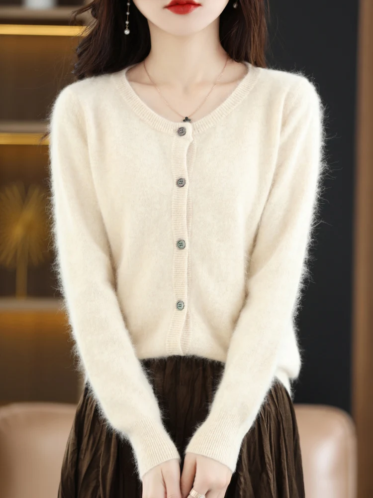 CHICUU Women O-neck Cardigan Mink Cashmere Sweater Autumn Winter Soft Warm Basic Clothing 100% Mink Cashmere Knitwear Korean Top