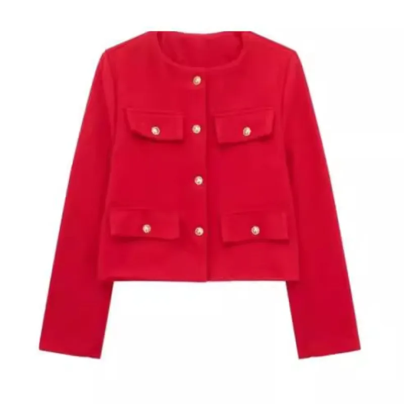 Cross-border Women's Clothing Amazon European and American Pocket Decoration Round Neck Short Fashion  Jacket Top Xiaoxiangfeng