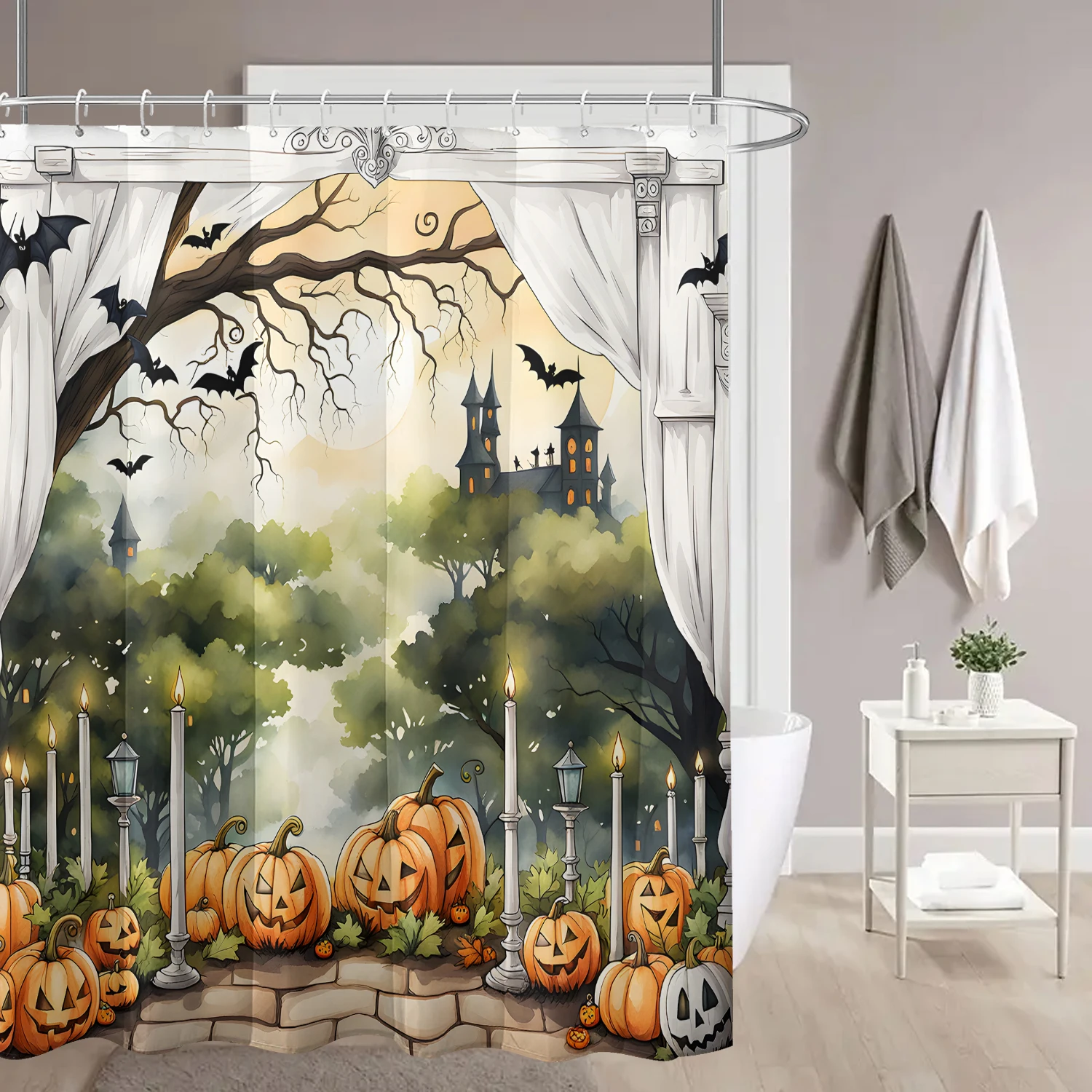 1pc simulated window pumpkin tree Halloween bat shower curtain with plastic hooks, decorated in autumn and winter style