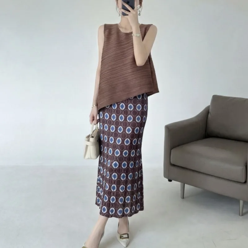 

Miyake Printed Pleated T-Shirt 2026 Summer New Style Elegant Top Fashion Stretch Skirt Women's Vacation Stretch Fold Skirt Set