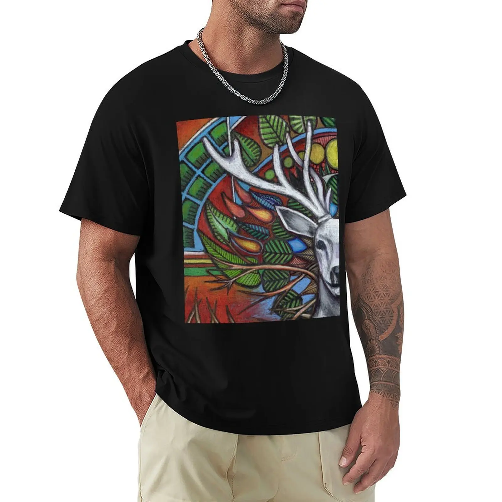 

white deer, colorful pattern T-Shirt Man t-shirt plus size clothes heavy weight t shirts for men