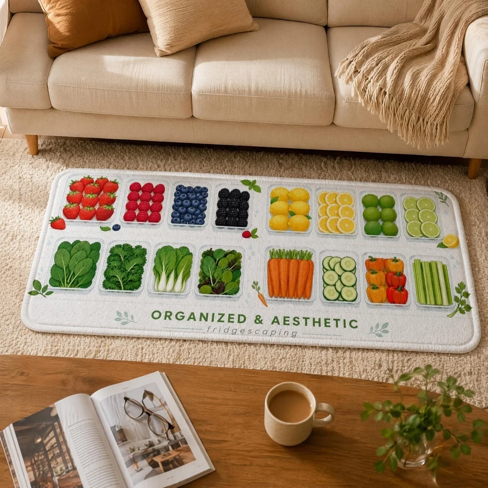 Fruit Vegetable Flannel Runner Rug, Fresh Produce Long Floor Mat, Non Slip Kitchen Bedroom Decor Rug