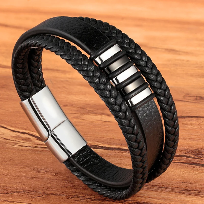 Fashion Stainless Steel Charm Magnetic Black Men Bracelet Leather Genuine Braided Punk Rock Bangles Jewelry Accessories