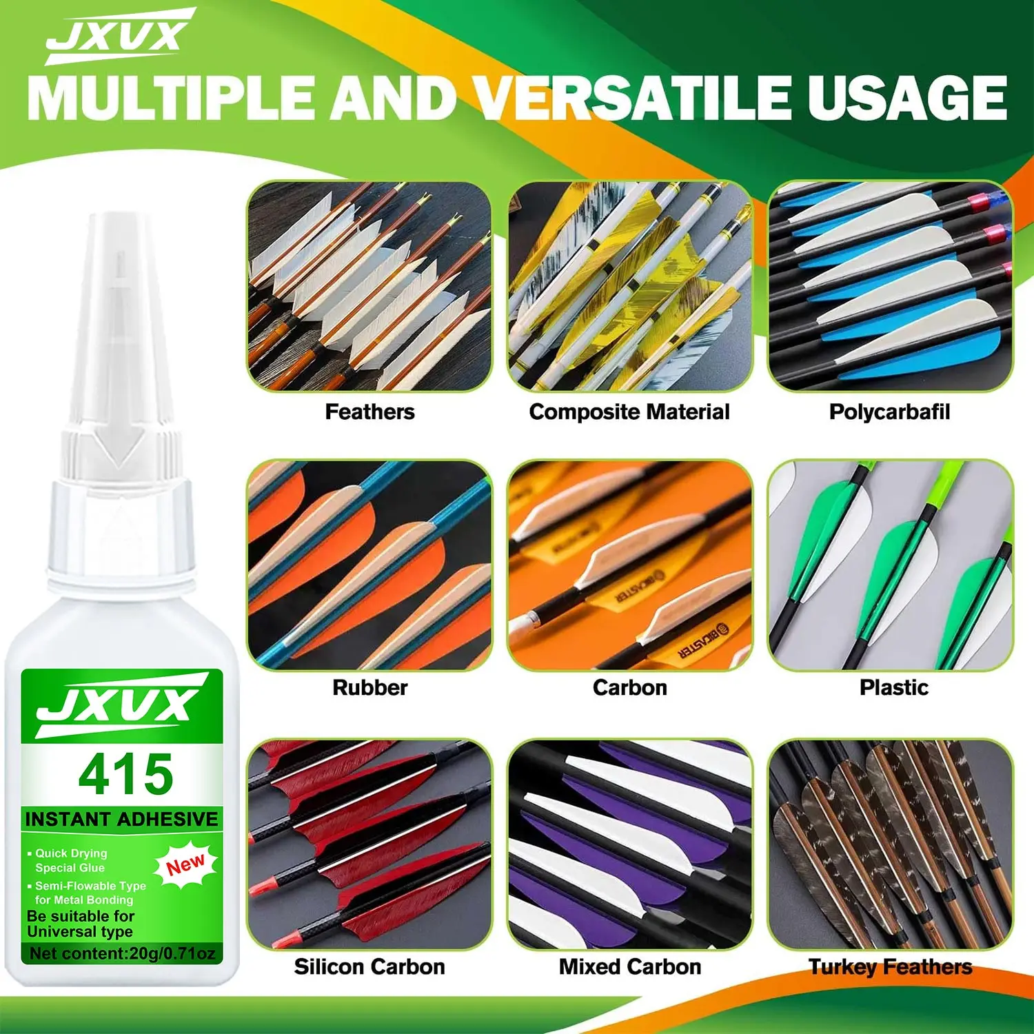 Nuovissima colla super cianoacrilica 415 aggiornata, asciugatura istantanea in 5 secondi, impermeabile per riparazioni di archi e frecce, strumento di incollaggio stabile e versatile.