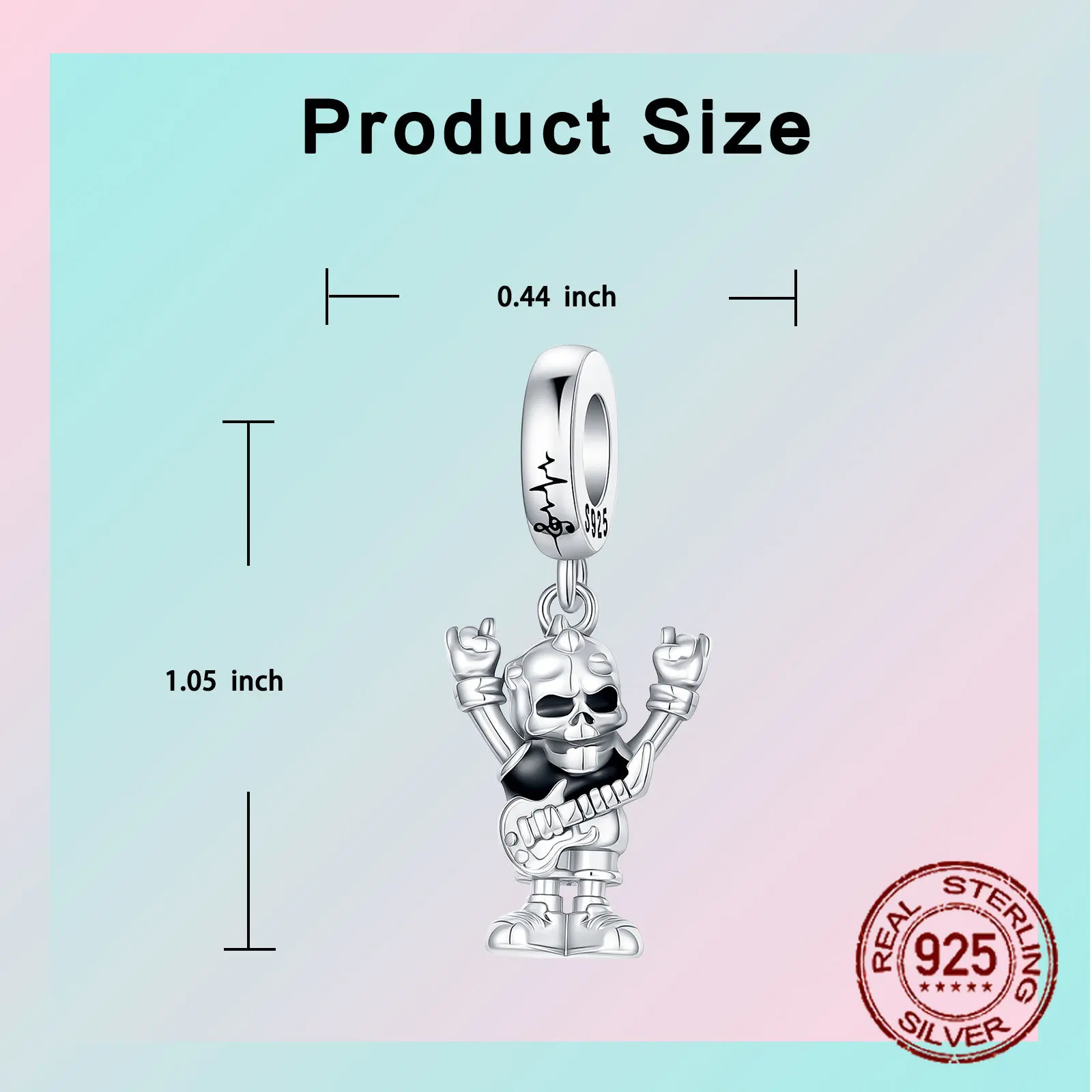 Rock Skull Dangle Charm S925 sterling Silver Guitar Rock Hand Gesture Design Pendant  Fit Bangle Bracelet Necklace DIY Jewelry view 2