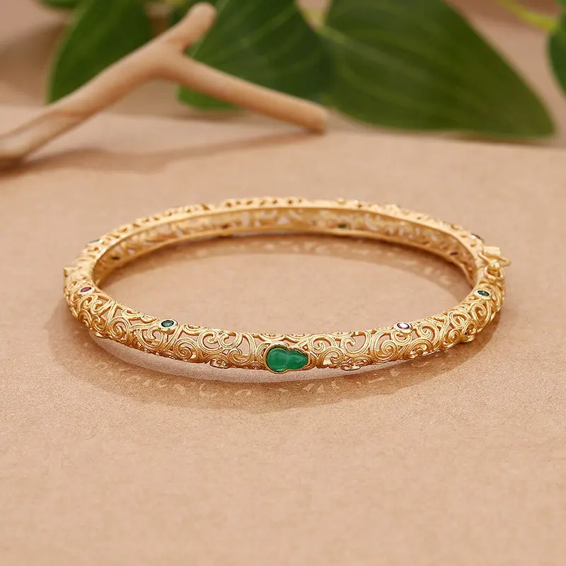 

New Chinese Fashion Cuff Bracelets for Women Retro Hollow Design Golden Color Bangles Inlay Natural Jade Luxury Jewelry Gifts