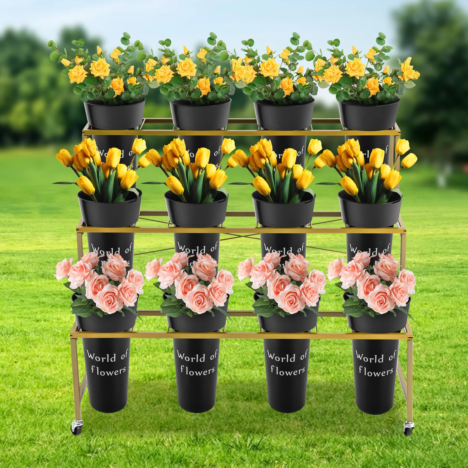 3 Layers Gold Flower Display Stand Movable Metal Plant Stand with 12 Buckets  for Home Patio Balcony Shop