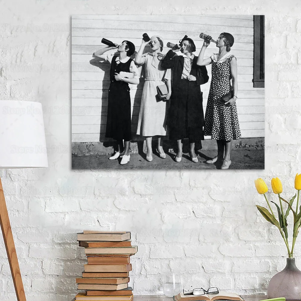 Vintage Flapper Girls Drinking Poster Roaring Twenties Style 1925 Wall Art Black and White Photo Canvas Painting Wall Art Decor