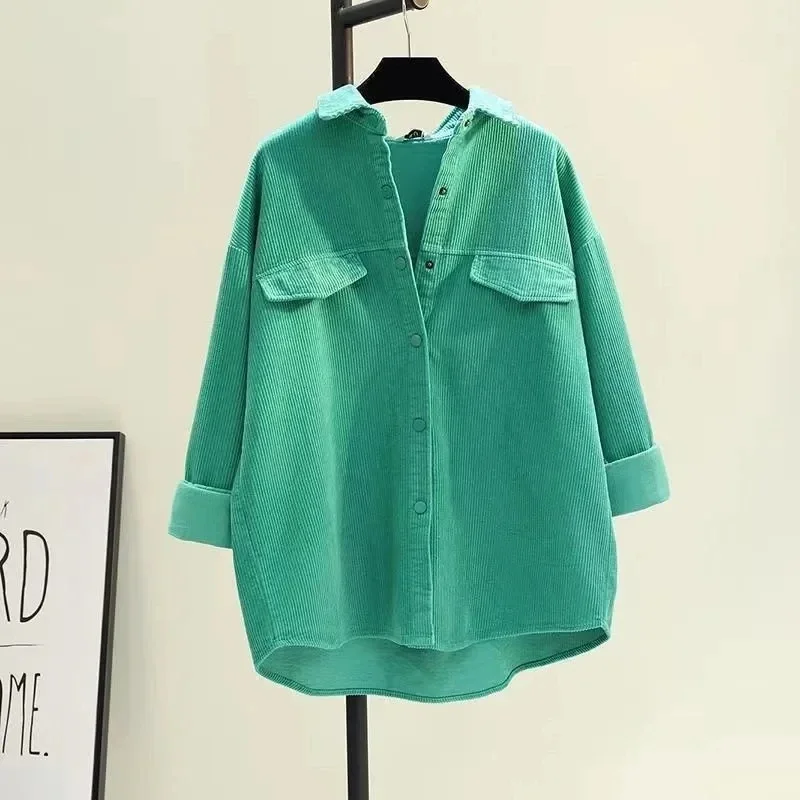 Brown Solid Casual Corduroy Polo-Neck Single Breasted Long Sleeve Women\'s Blouse Shirt Casual Female Clothing Tops Fashion 2025