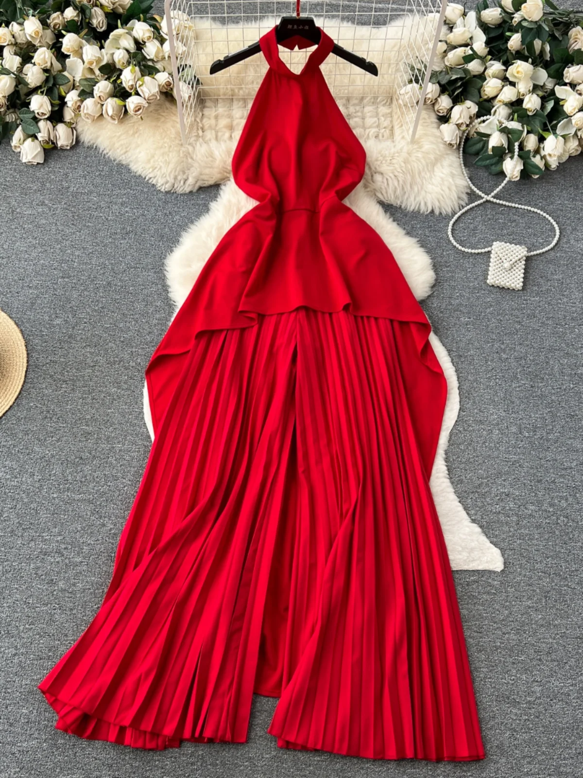 

Fashionable Loose Floor-Length Sleeveless Women's Set Summer Neck Hanging Long Pants Draping Sensation Elegant Lady Style