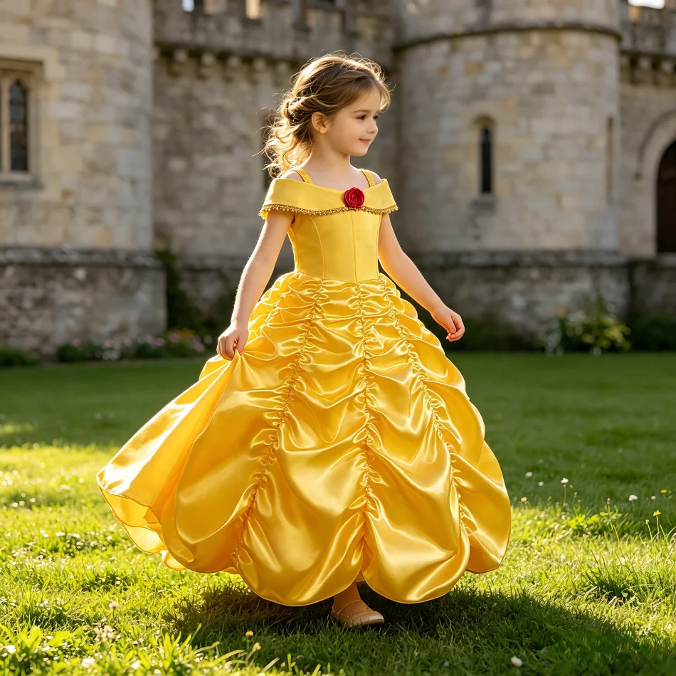 Children Carnival Cosplay Costume for Princess Belle Baby Girl Clothes Kids Halloween Trick-or-treat Castle Fancy Dress Up Party