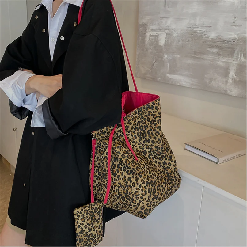 

Fashion Retro Tote Bag Women's Leopard Print Large Capacity Double-Sided Shoulder Bag Work Commuting Female Bag Shopping Bag