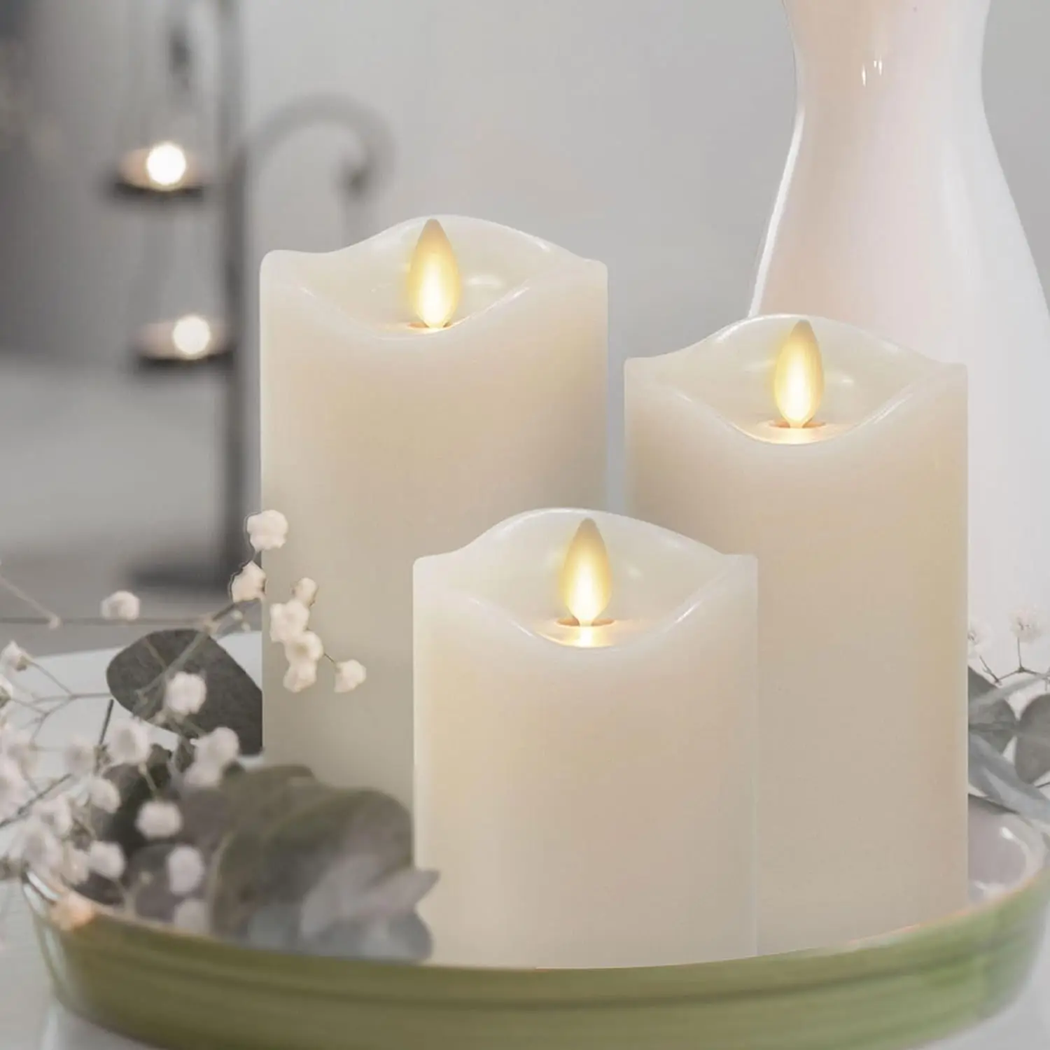 Set of 3 Flameless LED Pillar Candles, Real Wax, Moving Flame (3x4.5, 3x5.5, 3x6.5 Inch, Unscented)