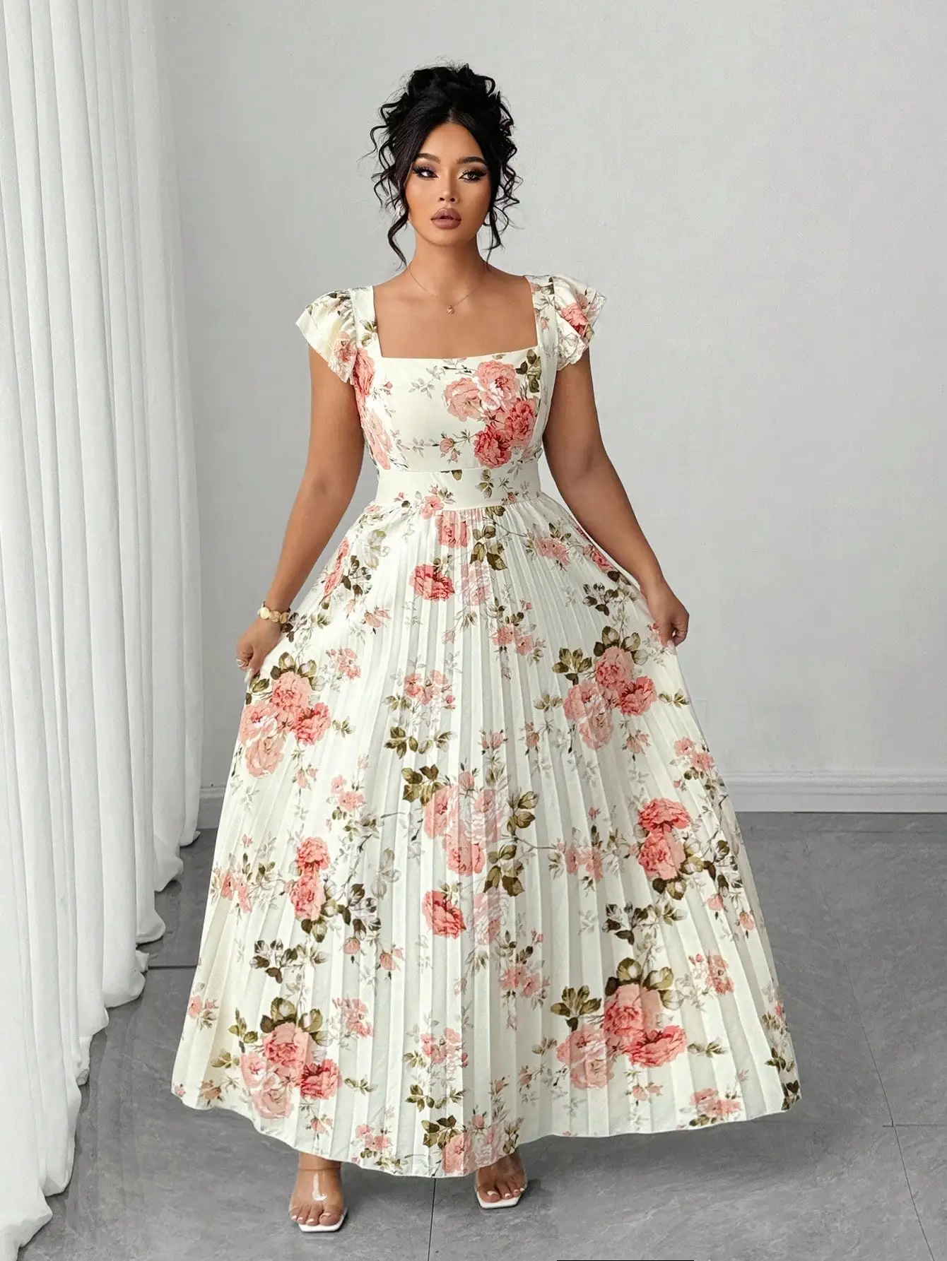 

Plus Size Vintage French Floral Print Flounce Sleeve Square Neck Waist Cinched Maxi Dress