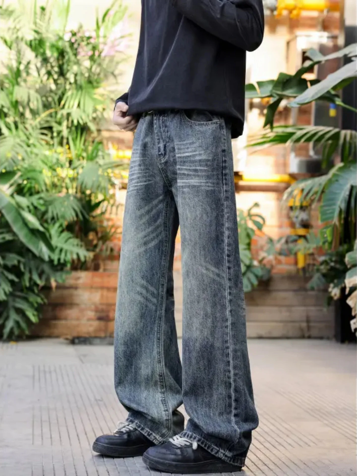 

American High Street Texture Waed Micro Flared Jeans Spring New Casual Retro Wide Leg Long Pants Men's Faion