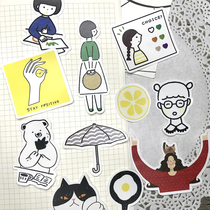 24PCS Good-looking hand account sticker Simple life hand-painted Cartoon creative diary book decorative album DIY sticker INS