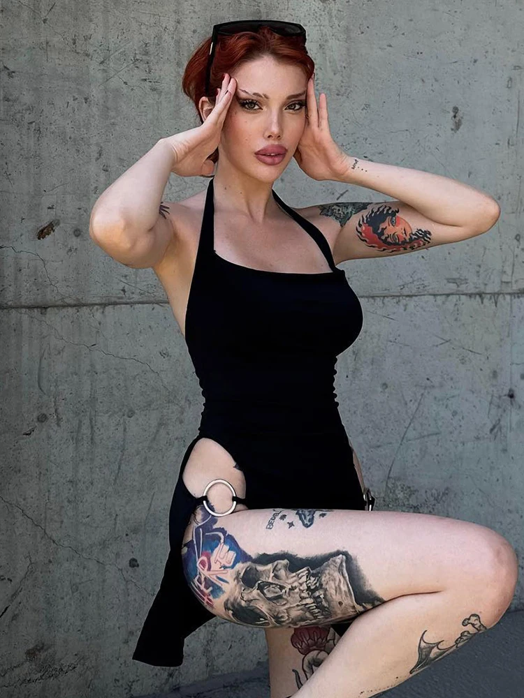 AltGoth Gothic Sexy Dress Women Streetwear Harajuku Y2k Emo High Waist Hollow Out Spaghetti Strap Backless Halter Dress Clubwear